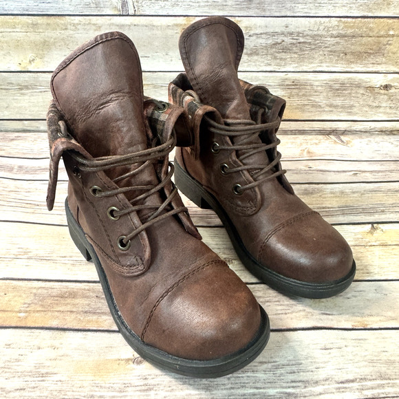 Arizona Womens Brown Vegan Faux Leather Cap Toe Plaid Lined Combat Boots Size 7 - Picture 1 of 9